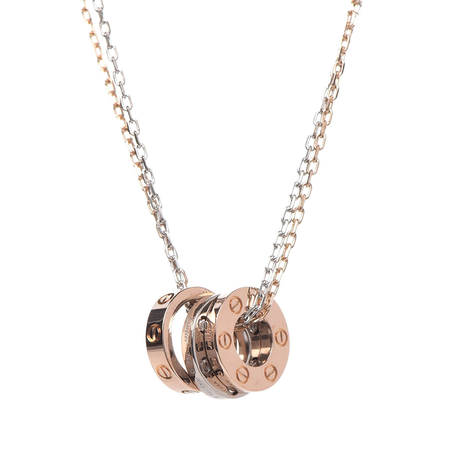 18K White Pink Gold Diamond Three Ring LOVE Pendant Necklace