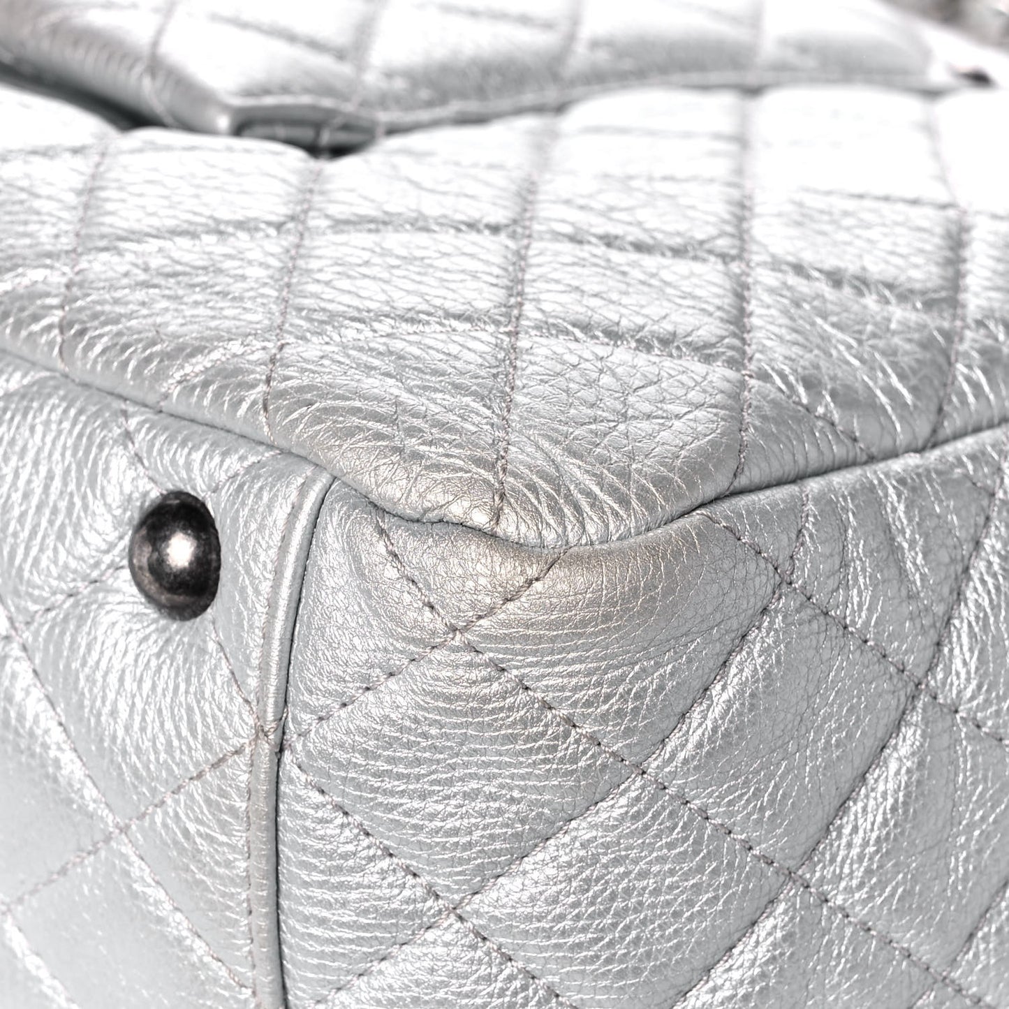 Metallic Calfskin Quilted XXL Travel Flap Bag Silver