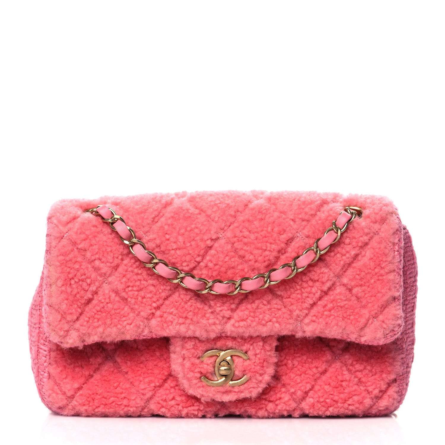 Chanel Shearling Sheepskin Tweed Quilted Single Flap Pink 1 of 11