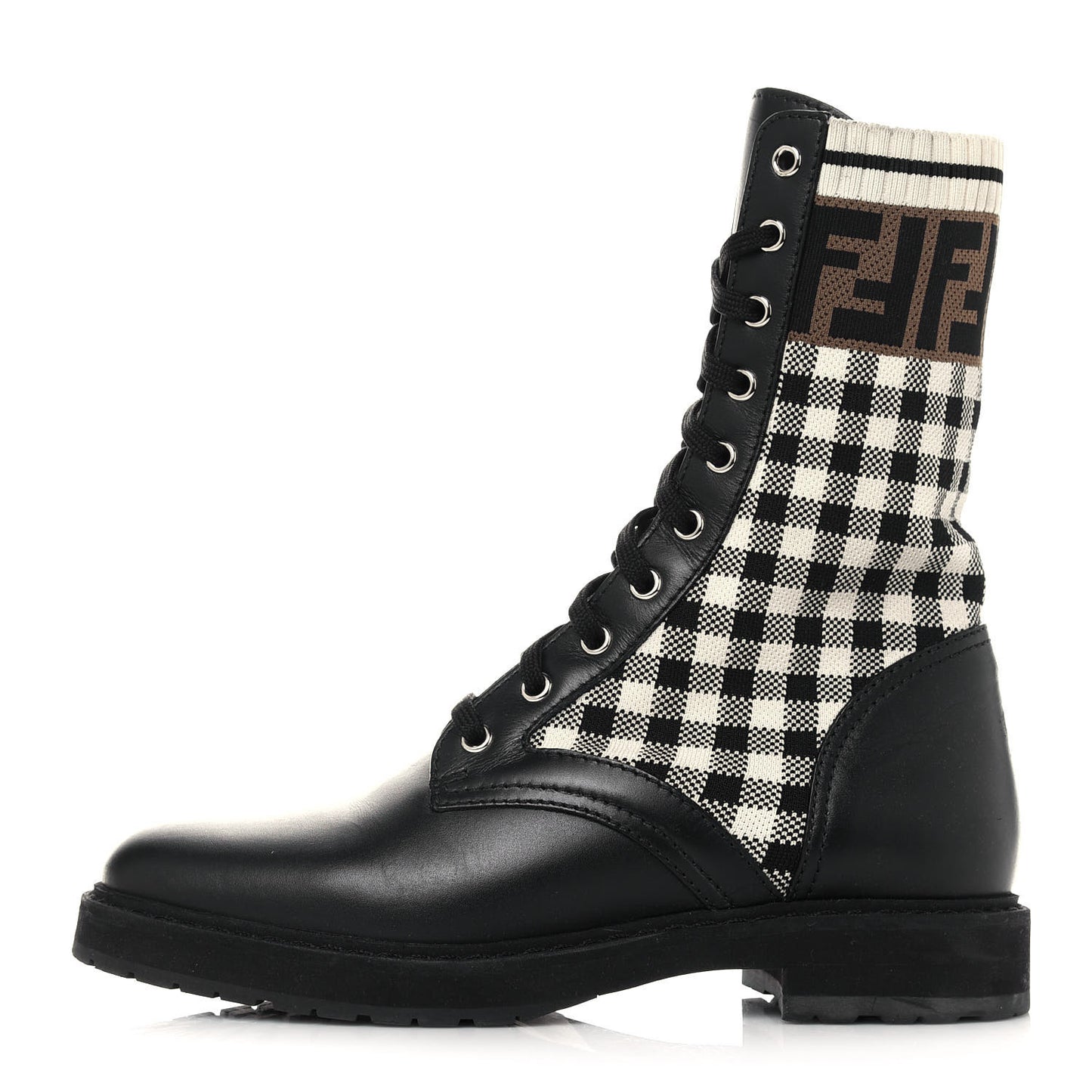 Vitello Stretch Fabric FF Vichy Rockoko Biker Boots 38.5 Black Crema Tobacco