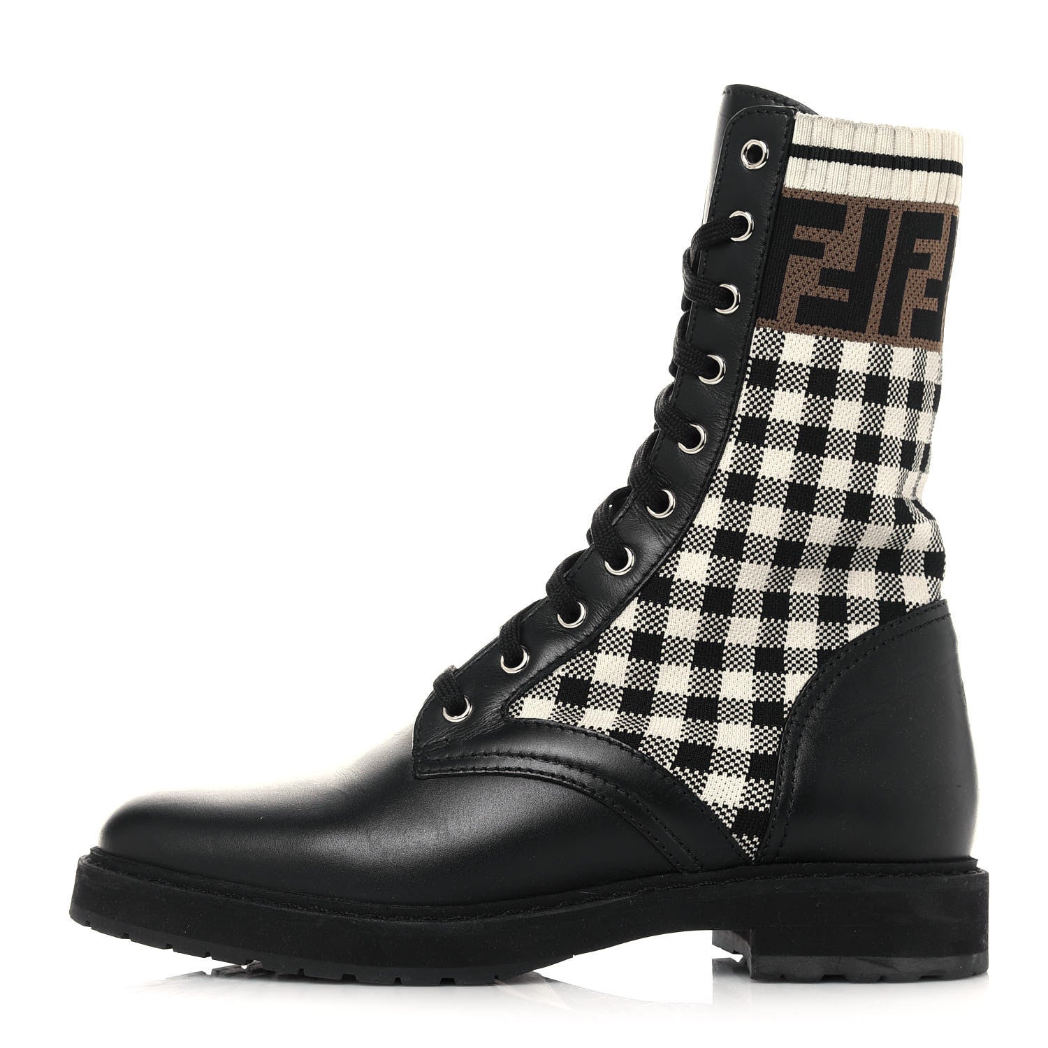 Fendi Vitello Stretch Fabric FF Vichy Rockoko Biker Boots 38.5 Black Crema Tobacco 1 of 9