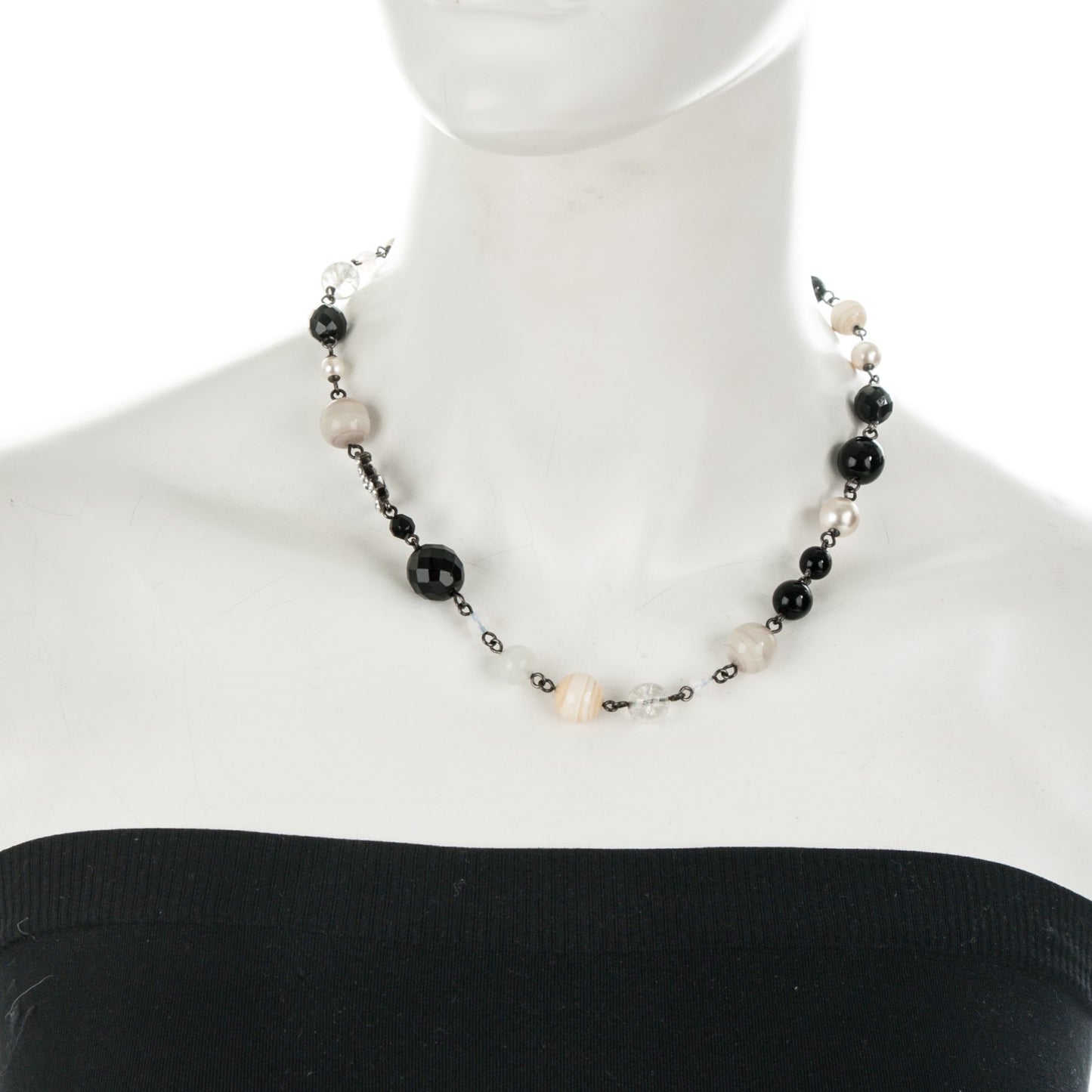 Pearl Crystal Bead CC Necklace Black