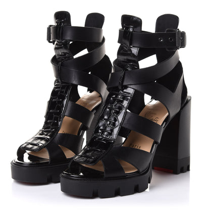 Christian Louboutin Calfskin Crocodile Embossed Platform Sandals 37.5 Black 3 of 8