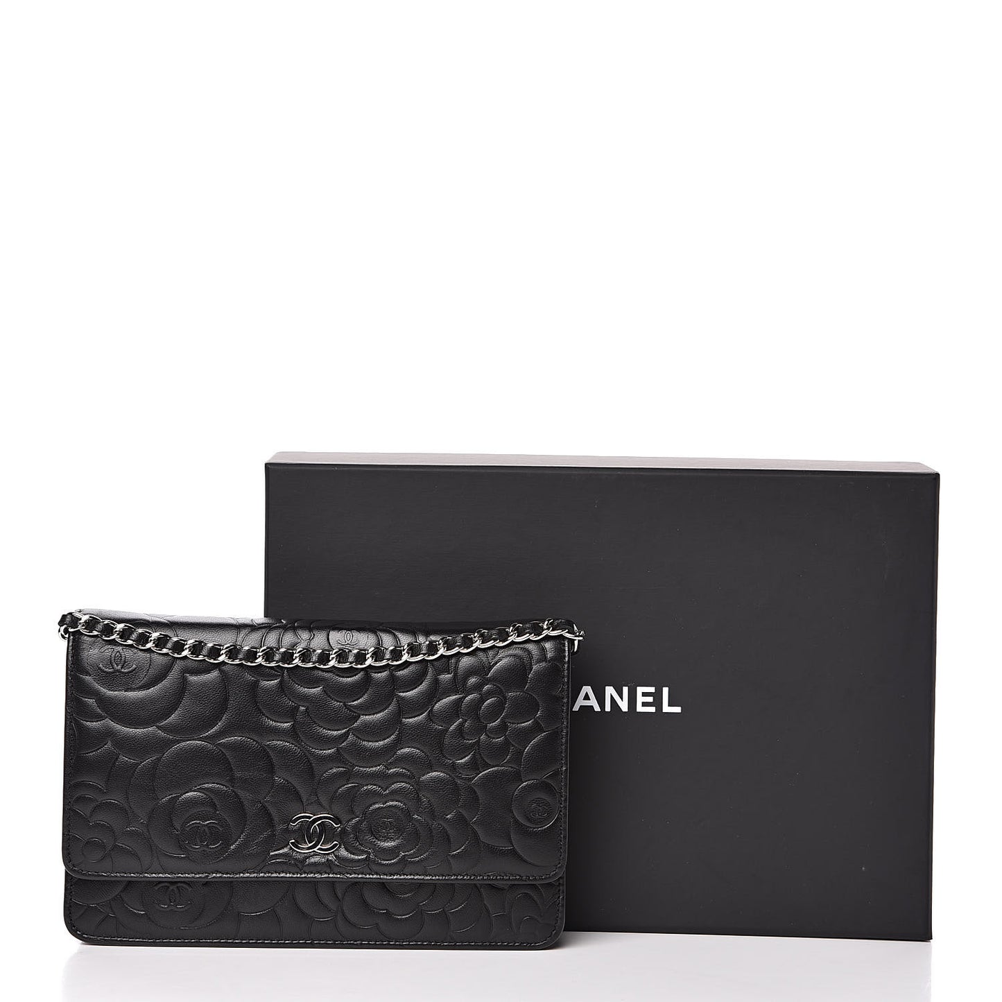 Lambskin Camellia Embossed Wallet on Chain WOC Black