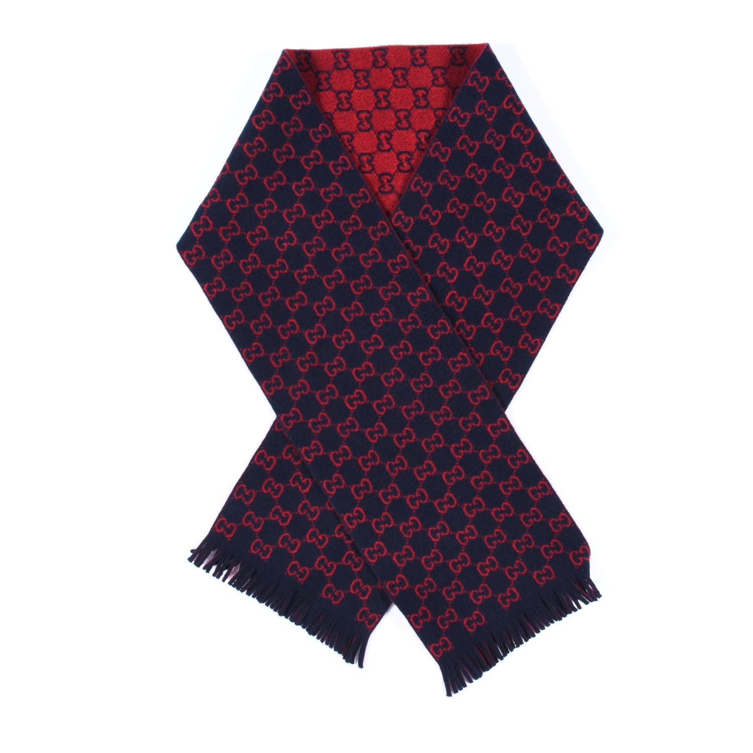 Gucci Wool GG Monogram Knit Longfog Fringe Scarf Midnight Blue Red 1 of 5
