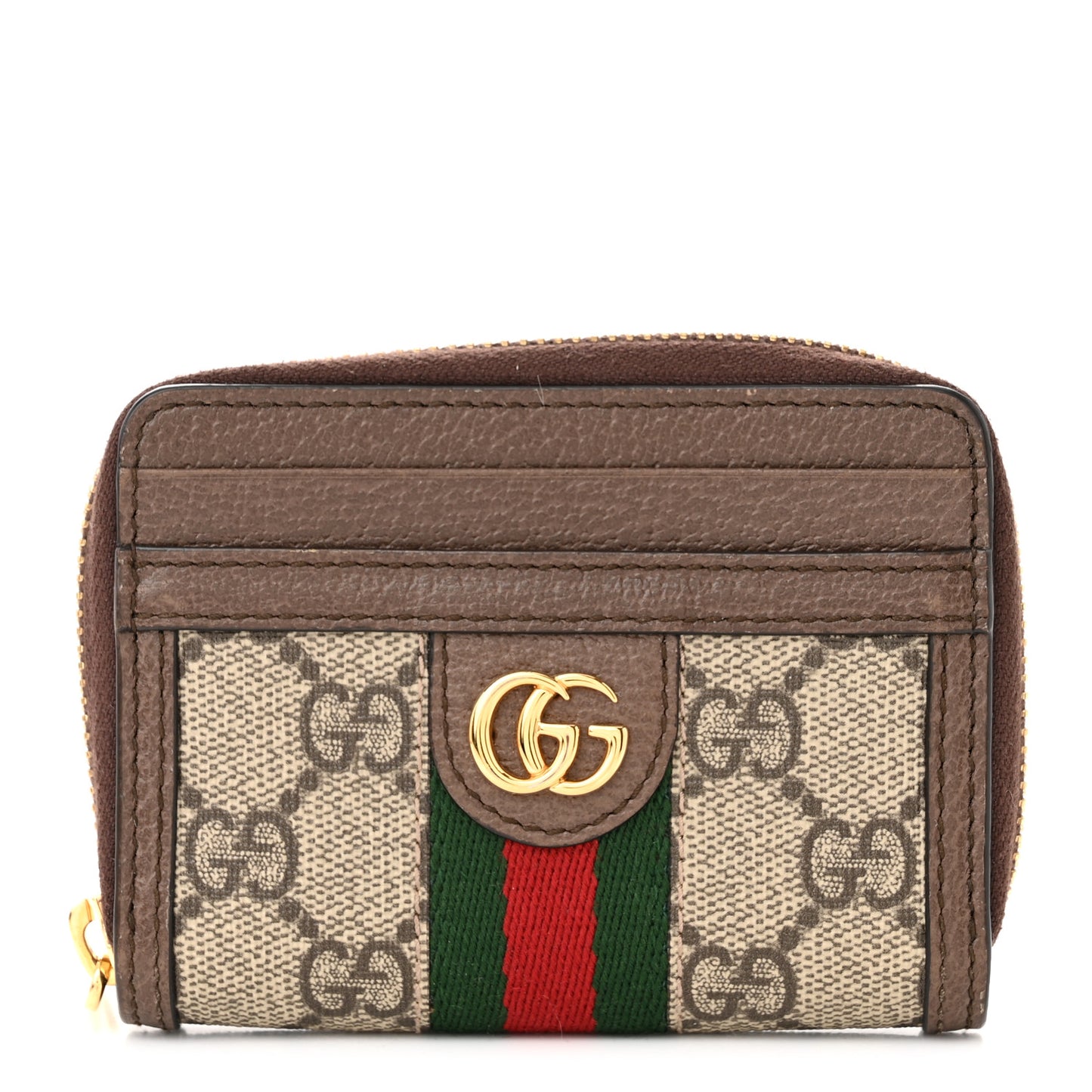 GG Supreme Monogram Textured Dollar Calfskin Web Ophidia Zip Around Card Case Wallet Beige Ebony New Acero