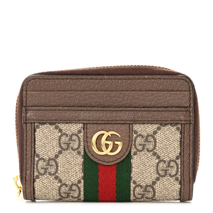 Gucci GG Supreme Monogram Textured Dollar Calfskin Web Ophidia Zip Around Card Case Wallet Beige Ebony New Acero 1 of 7