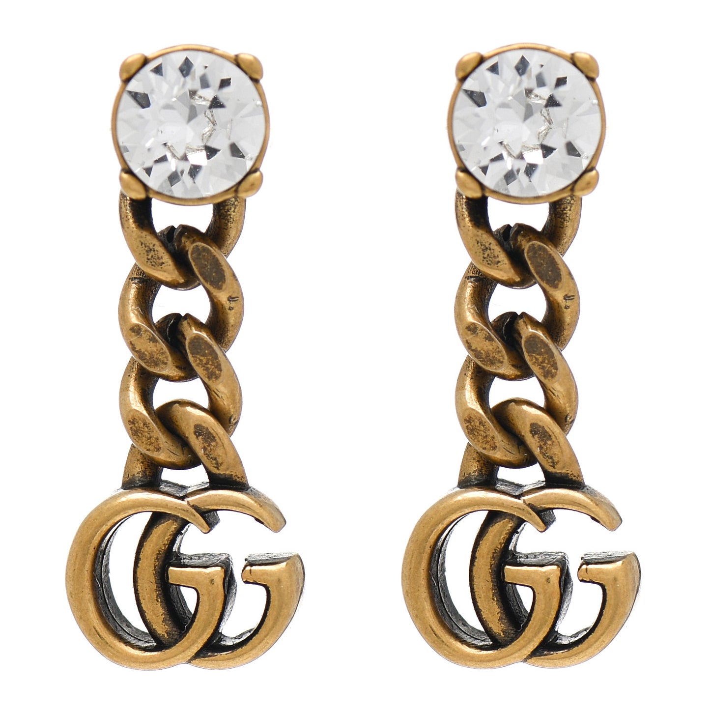 Metal Crystal Double G Chain Drop Earrings Aged Gold