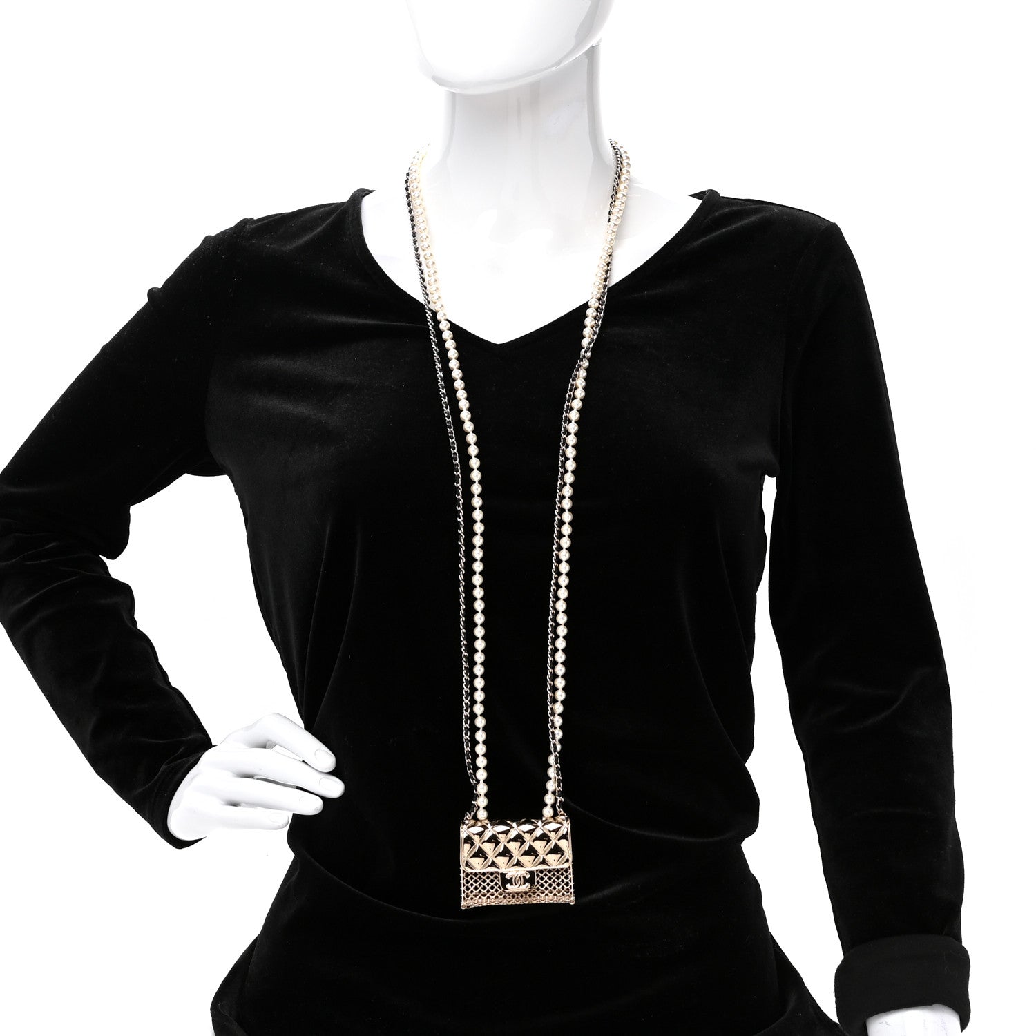 Chanel Metal Lambskin Pearl Chain Flap Bag Long Necklace Gold Black Pearly White 2 of 6