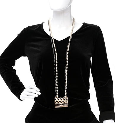 Chanel Metal Lambskin Pearl Chain Flap Bag Long Necklace Gold Black Pearly White 2 of 6