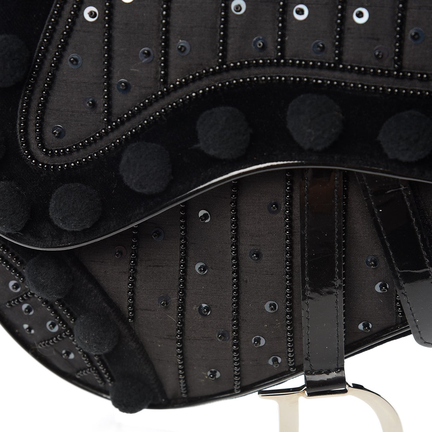 Velvet Nylon Pom Pom Saddle Bag Black