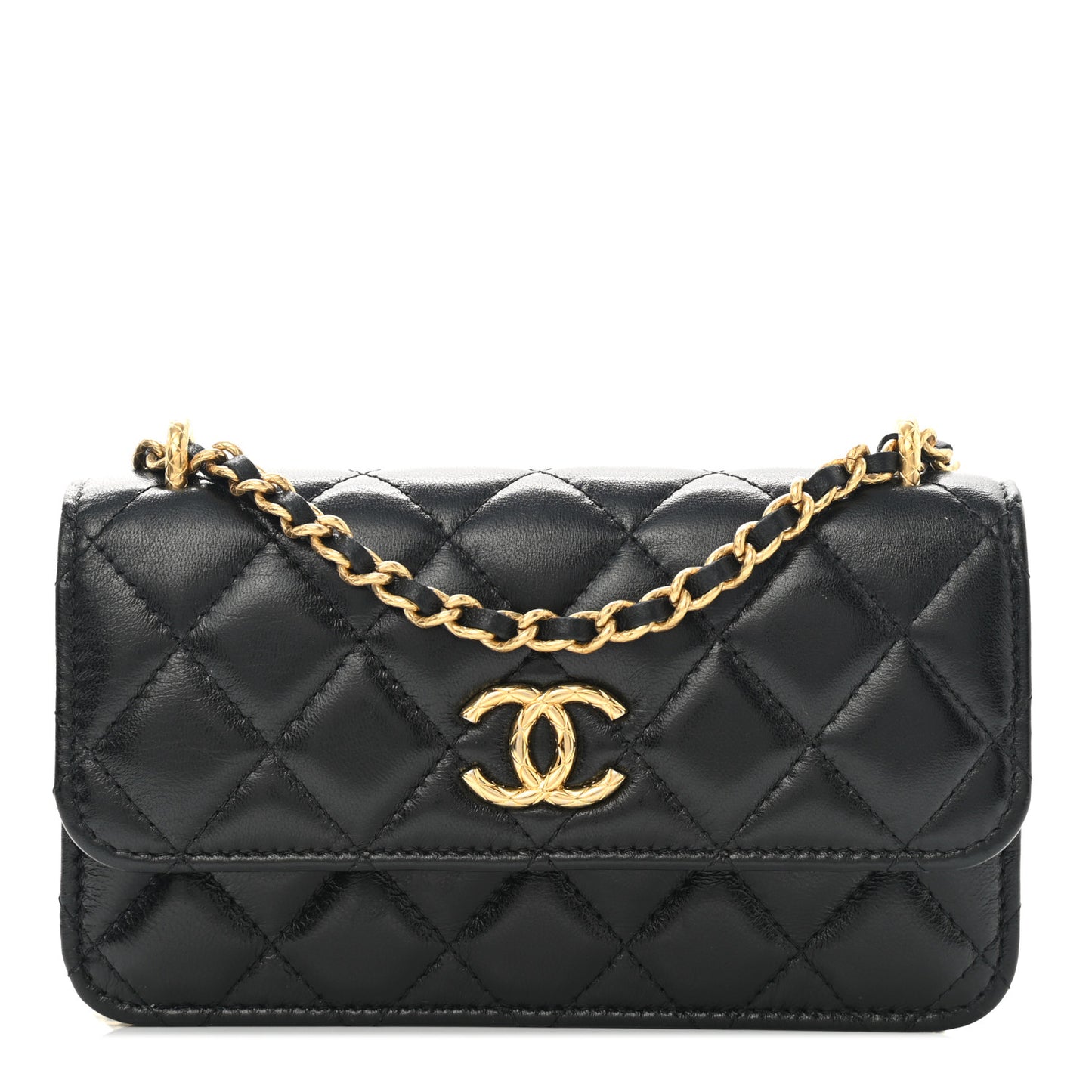 Lambskin Quilted Dynasty Flap Phone Holder With Chain Black