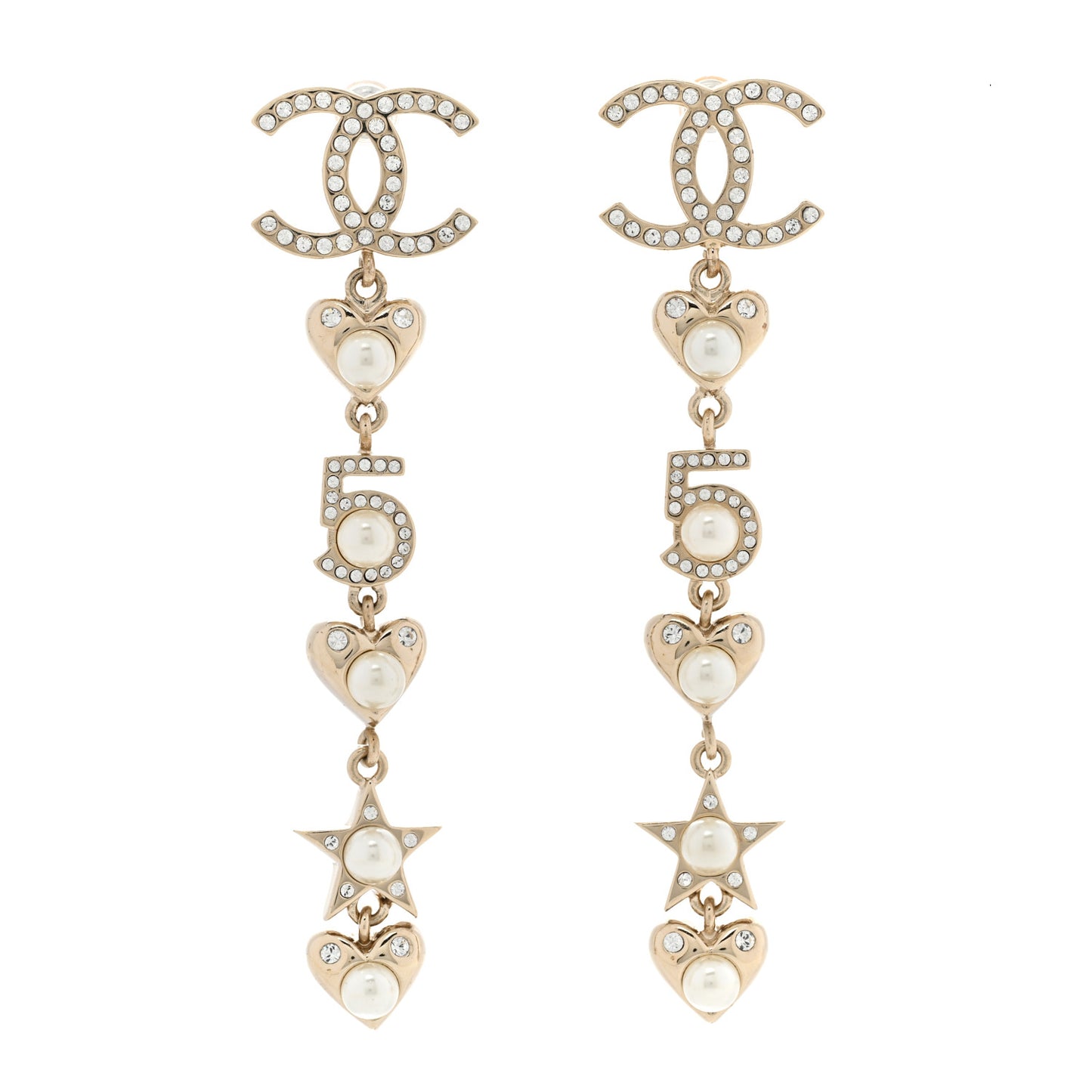 Crystal Pearl Charming Winter CC Star Heart Drop Earrings Gold