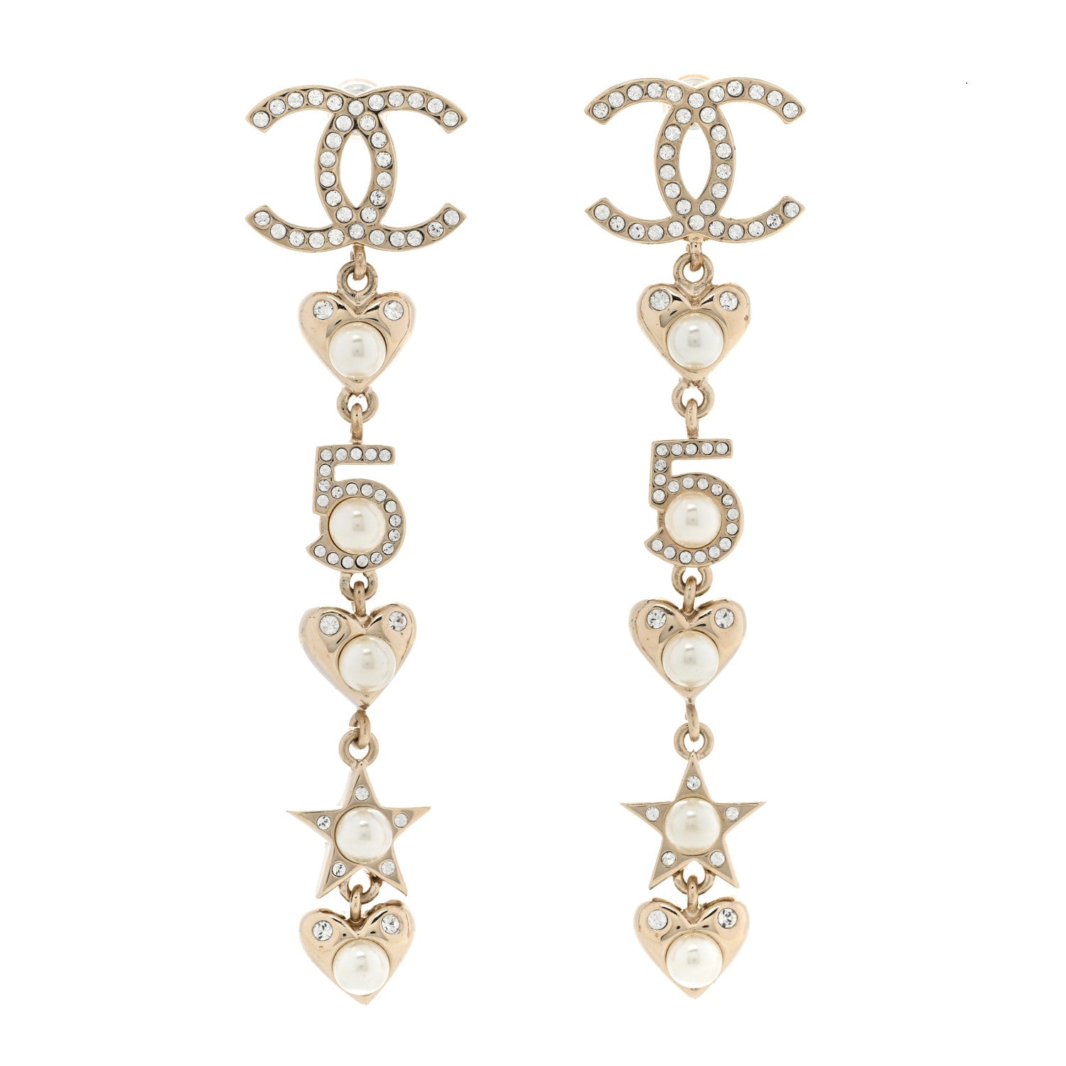 Chanel Crystal Pearl Charming Winter CC Star Heart Drop Earrings Gold 1 of 5