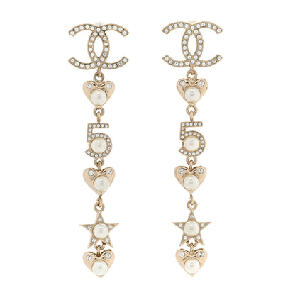 Chanel Crystal Pearl Charming Winter CC Star Heart Drop Earrings Gold 1 of 5