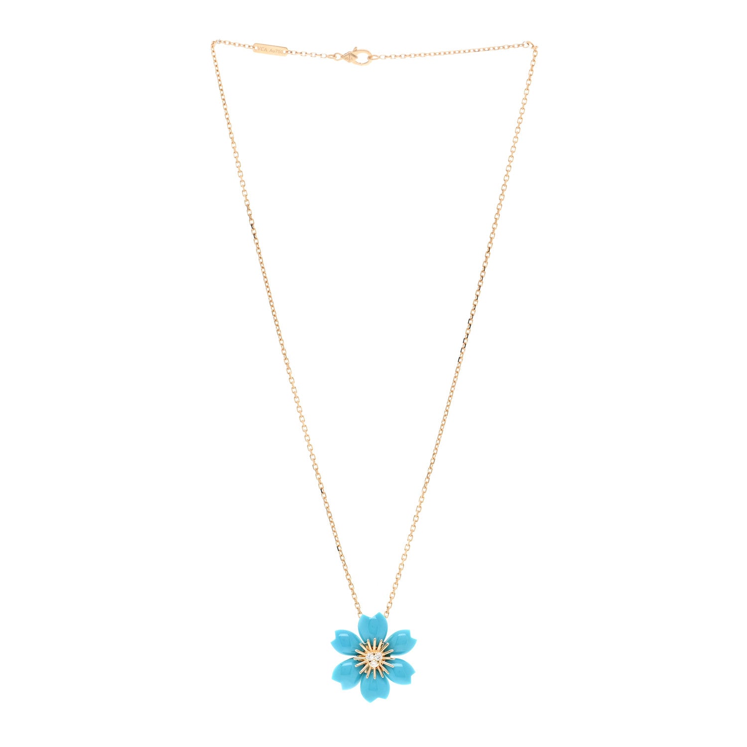 Van Cleef & Arpels 18K Yellow Gold Diamond Turquoise Mini Rose De Noel Pendant Necklace 3 of 5