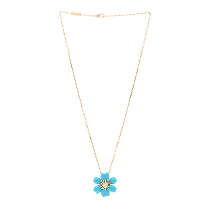 Van Cleef & Arpels 18K Yellow Gold Diamond Turquoise Mini Rose De Noel Pendant Necklace 3 of 5