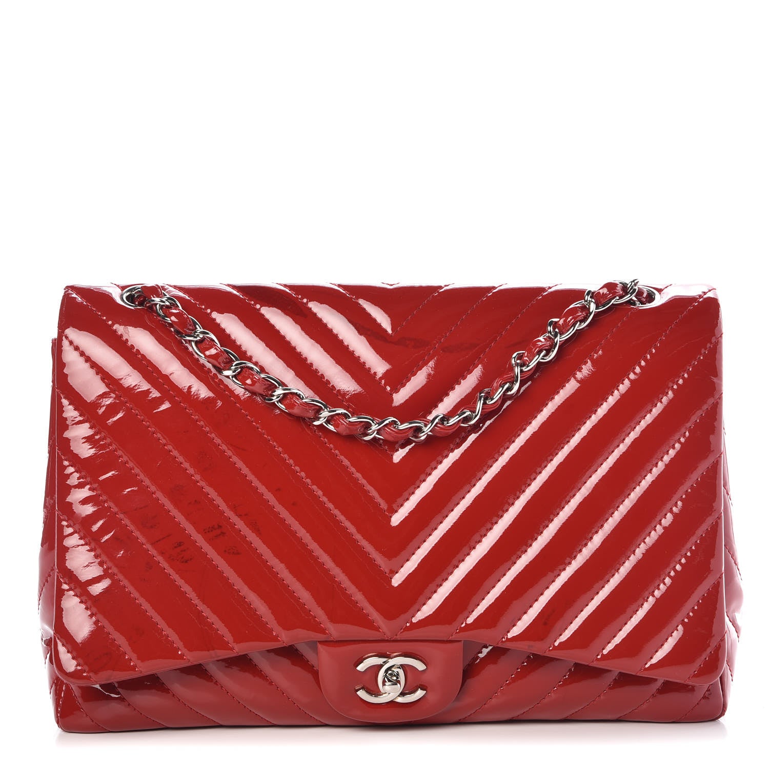 Chanel Patent Chevron Quilted Maxi Single Flap Red 1 of 15