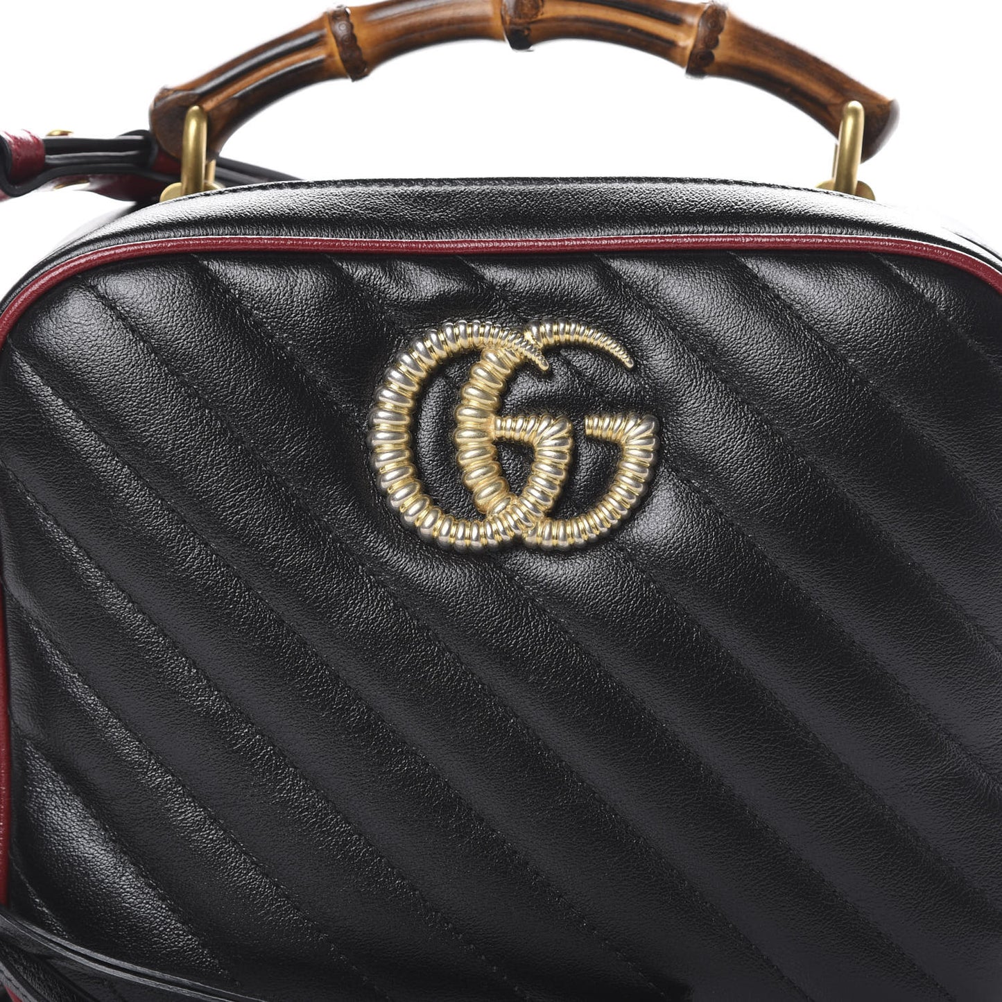 Vintage Effect Calfskin Matelasse Diagonal Small Torchon GG Marmont Bamboo Top Handle Shoulder Bag Black Romantic Cherry