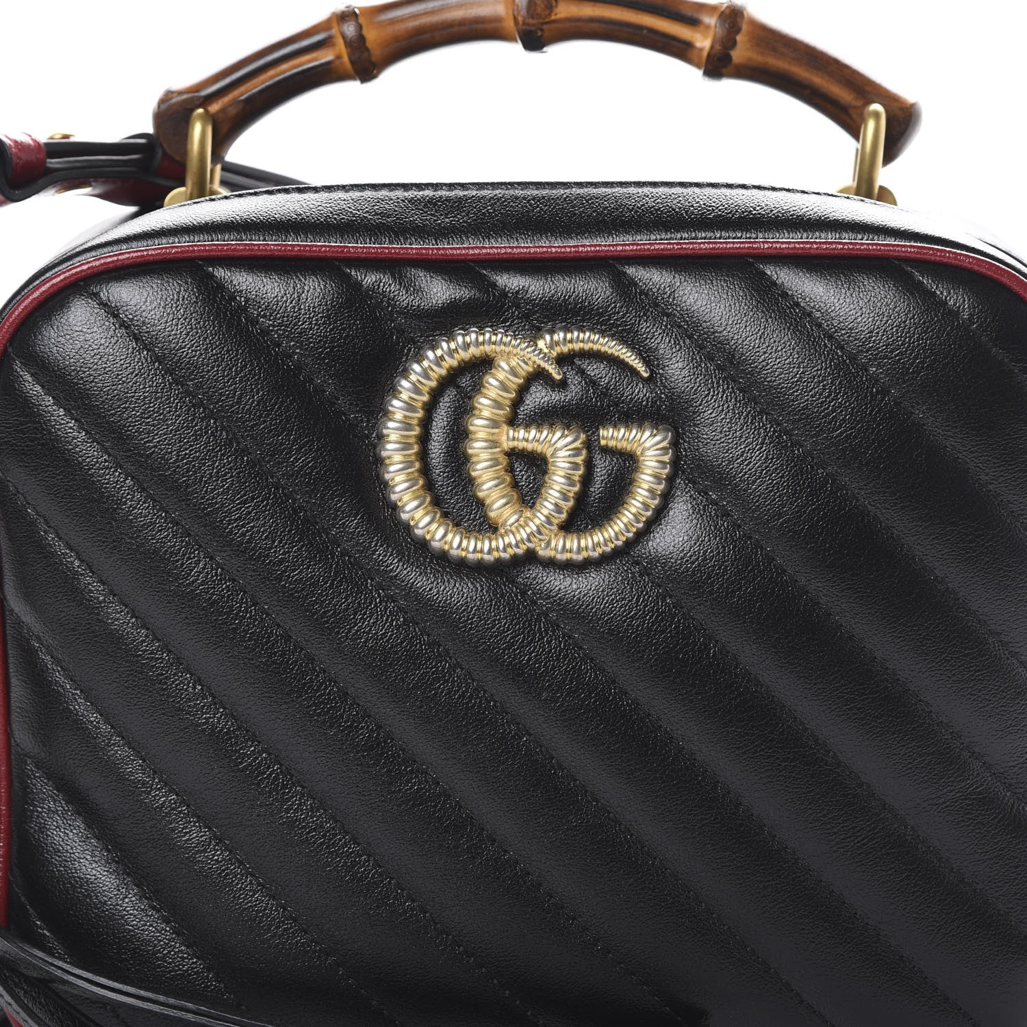 Gucci Vintage Effect Calfskin Matelasse Diagonal Small Torchon GG Marmont Bamboo Top Handle Shoulder Bag Black Romantic Cherry 7 of 9