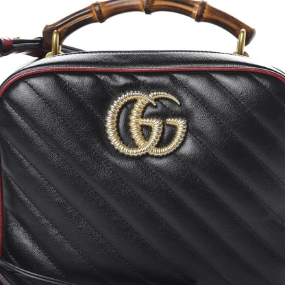 Gucci Vintage Effect Calfskin Matelasse Diagonal Small Torchon GG Marmont Bamboo Top Handle Shoulder Bag Black Romantic Cherry 7 of 9