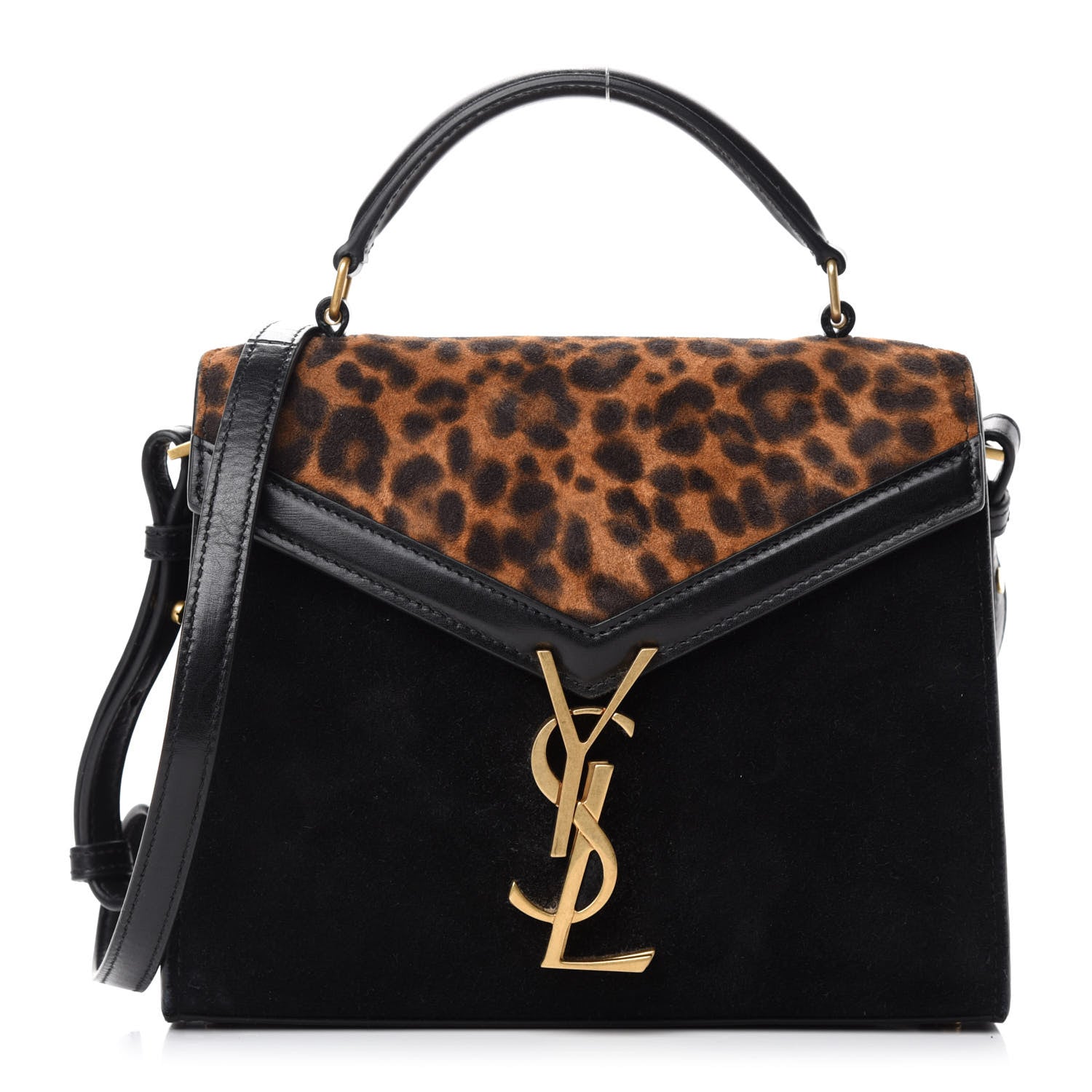 Saint Laurent Suede Leopard Print Mini Classic Monogram Cassandra Top Handle Manto Naturale Black 1 of 11
