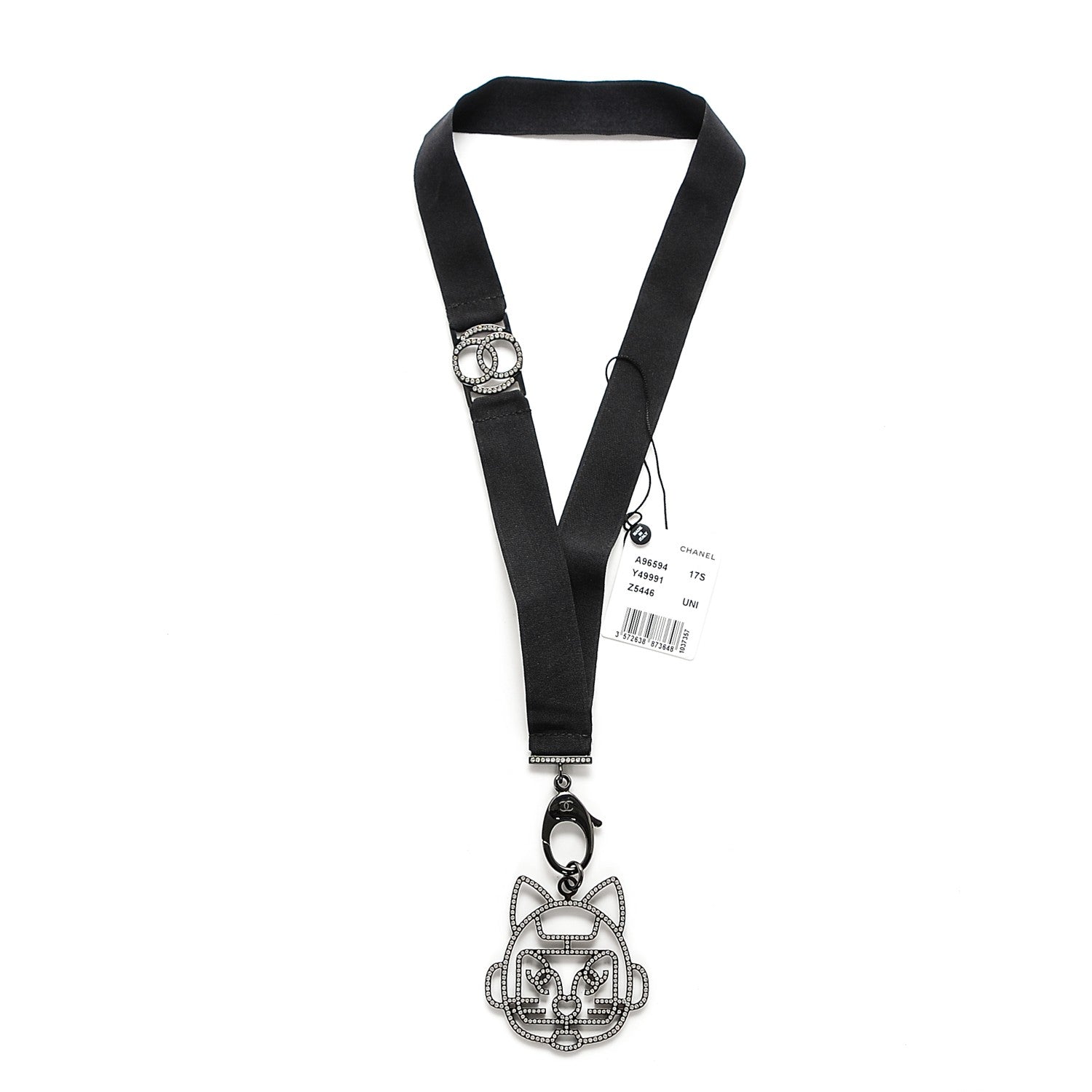 Chanel Crystal CC Emoji Robot Cat Lanyard Necklace Black Silver