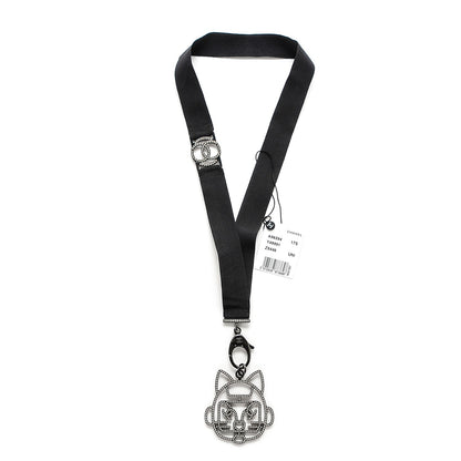 Chanel Crystal CC Emoji Robot Cat Lanyard Necklace Black Silver 3 of 6