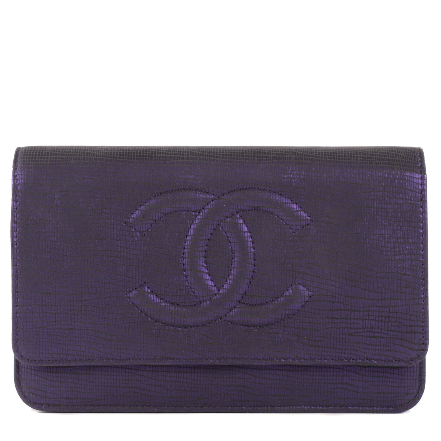Iridescent Stamped Calfskin Timeless Wallet on Chain WOC Purple