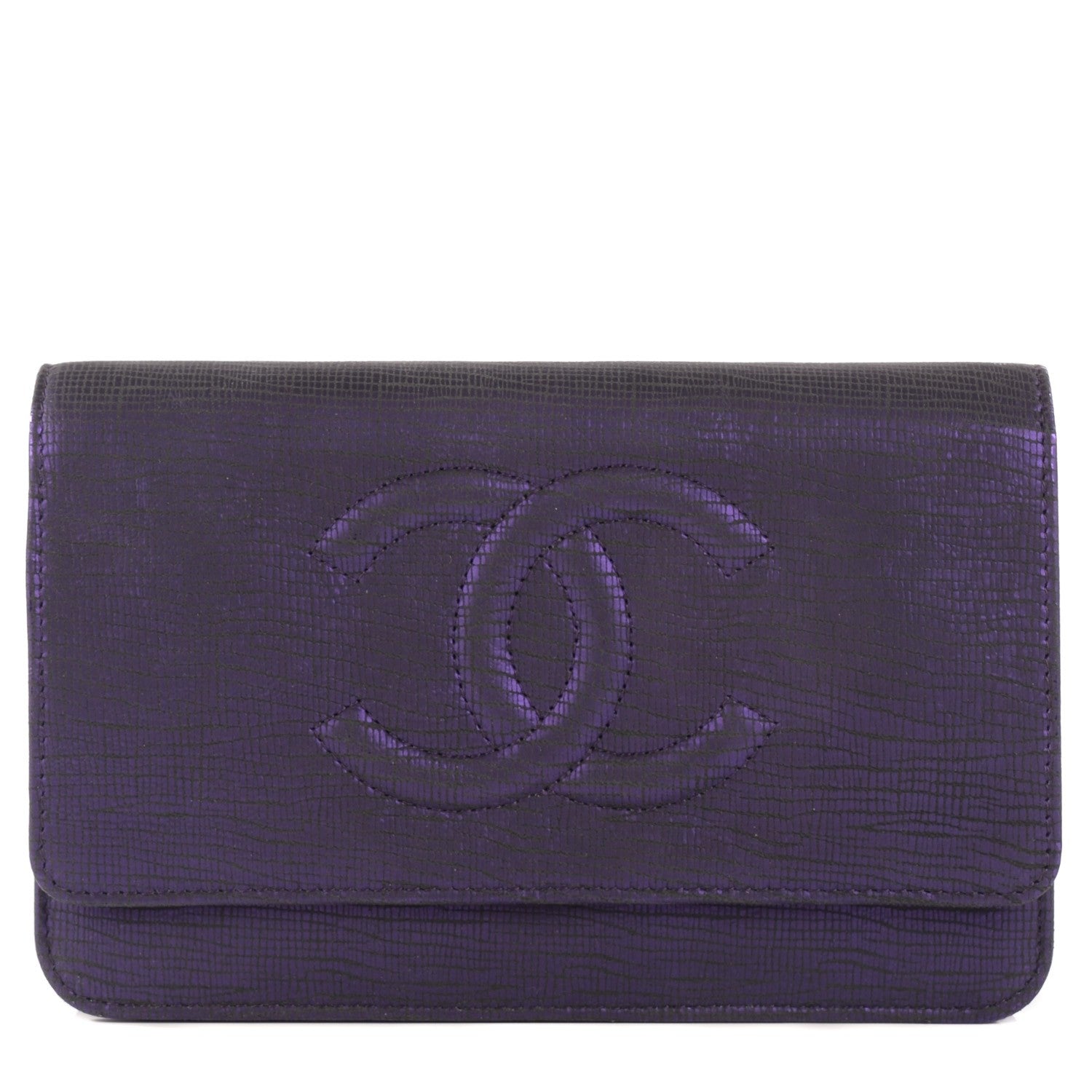 Chanel Iridescent Stamped Calfskin Timeless Wallet on Chain WOC Purple 1 of 9