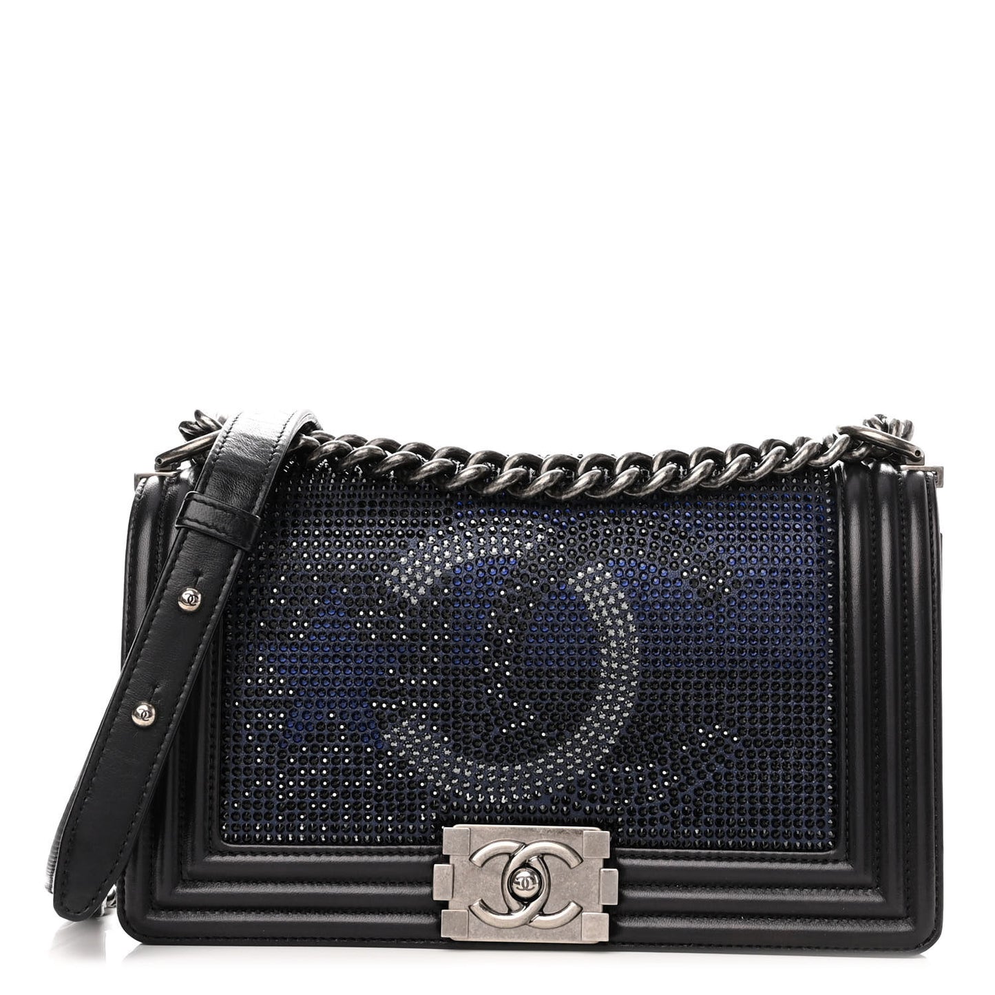 Iridescent Calfskin Quilted Strass Medium Paris Dallas Boy Flap Navy
