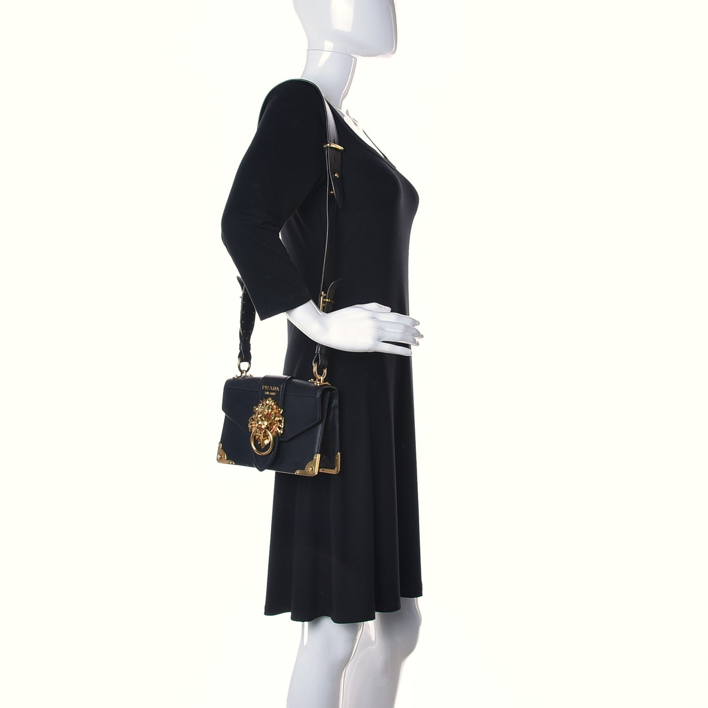 Antic Soft Saffiano Lions Head Cahier Shoulder Bag Black