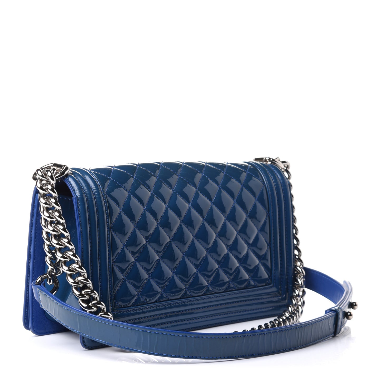 Patent Calfskin Quilted Medium Plexiglass Boy Flap Blue