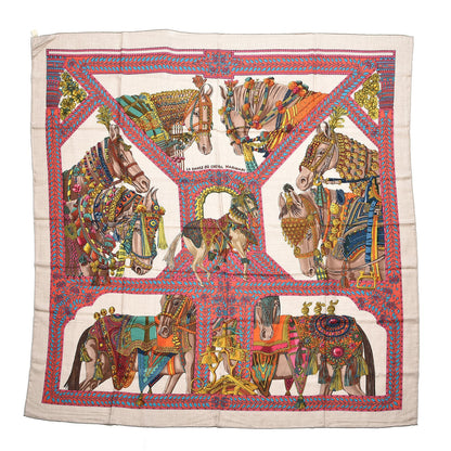 Hermes Cashmere Silk La Danse Du Cheval Shawl 140 Naturel Rose Vert 1 of 7