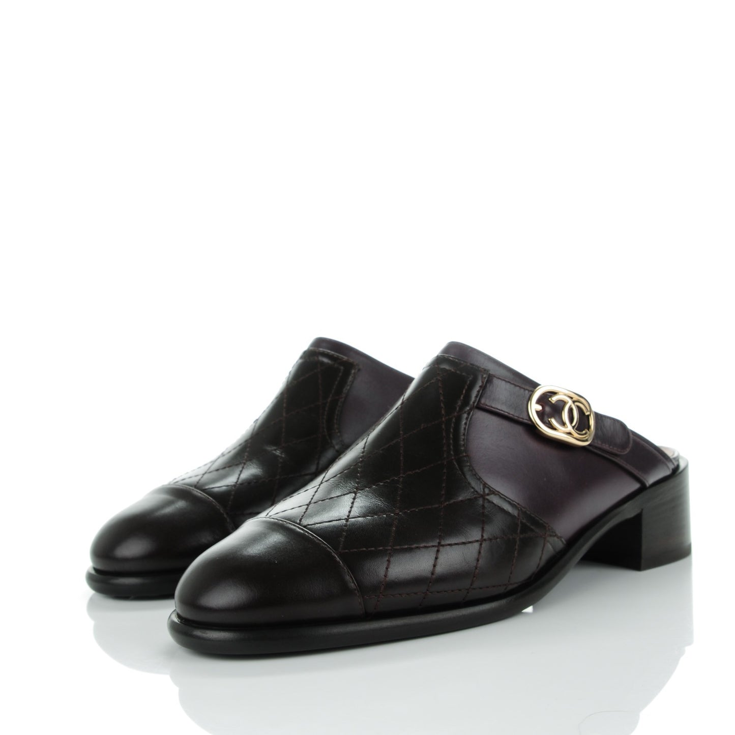 Calfskin Quilted CC Mules 39.5 Burgundy Brown