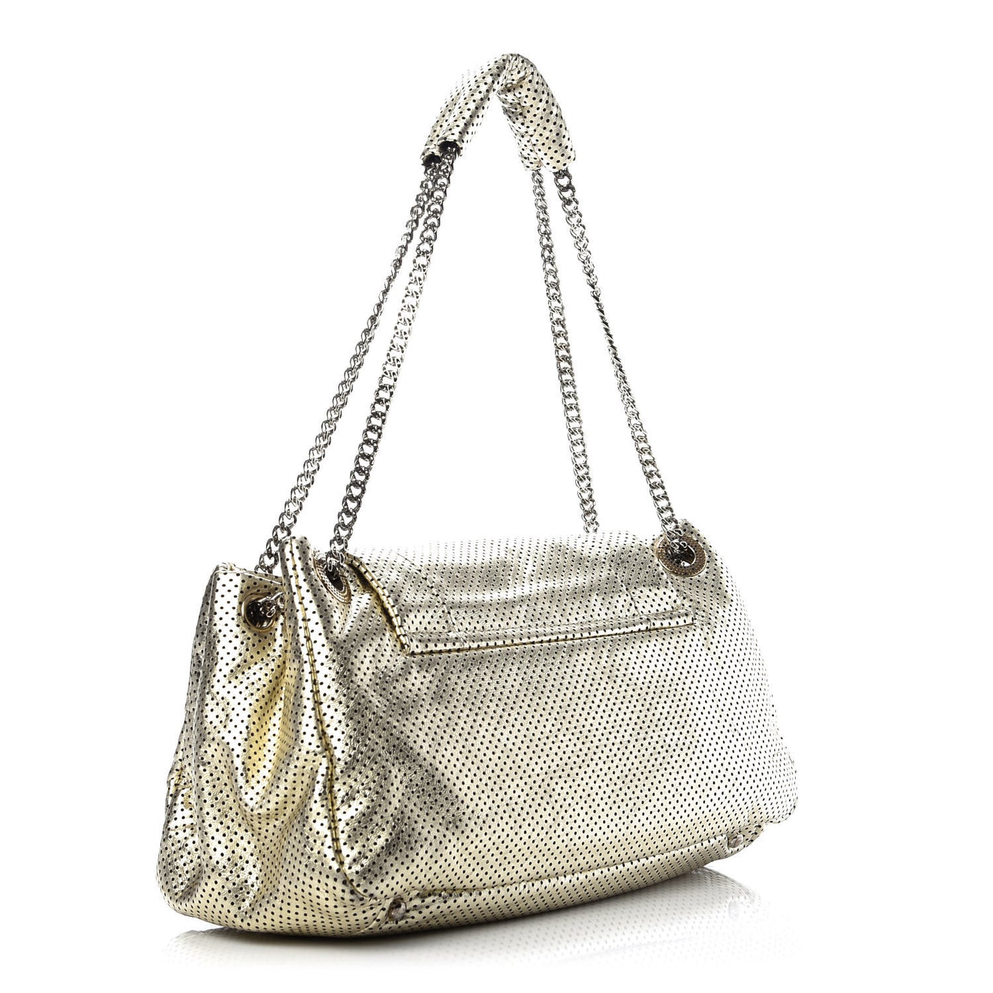 Metallic Calfskin Perforated Large Drill Accordion Flap Gold