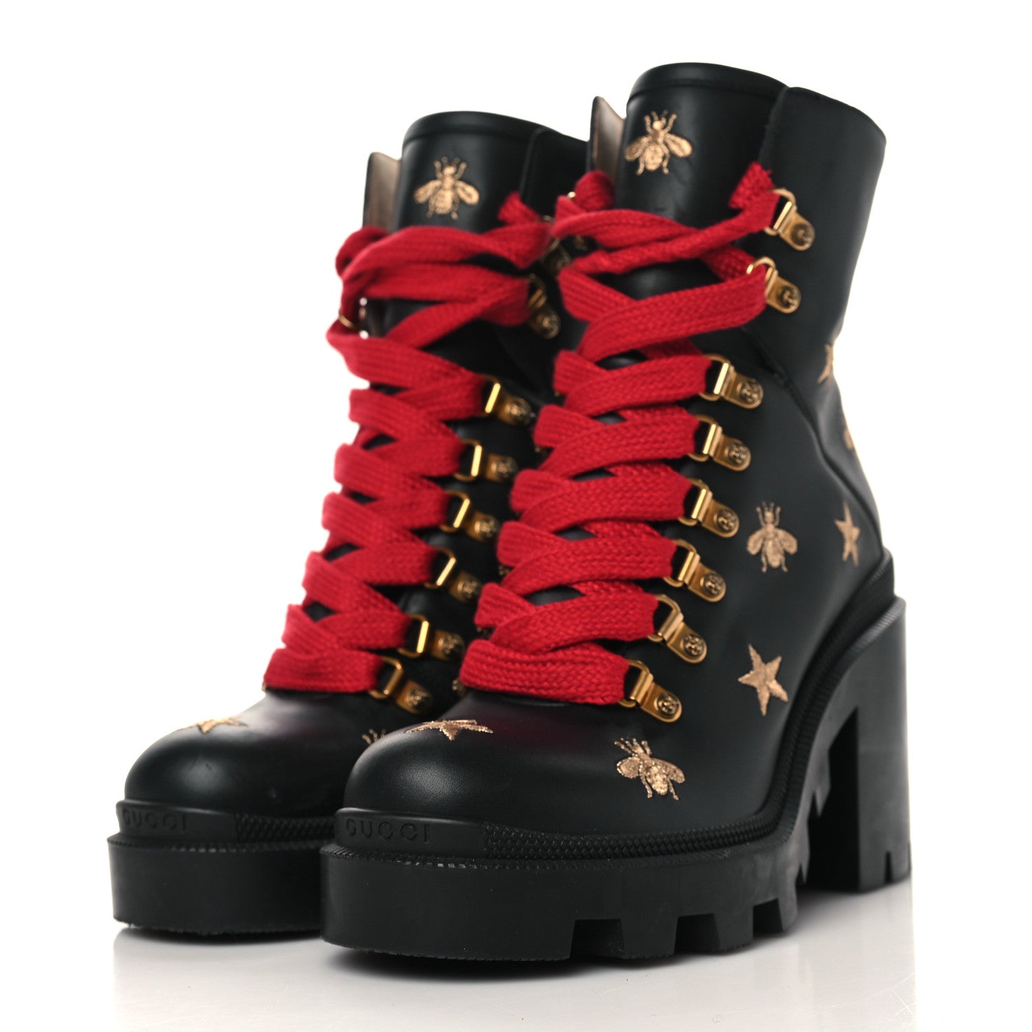 Gucci Calfskin Embroidered Lace Up Combat Ankle Boots 36 Black 5 of 19