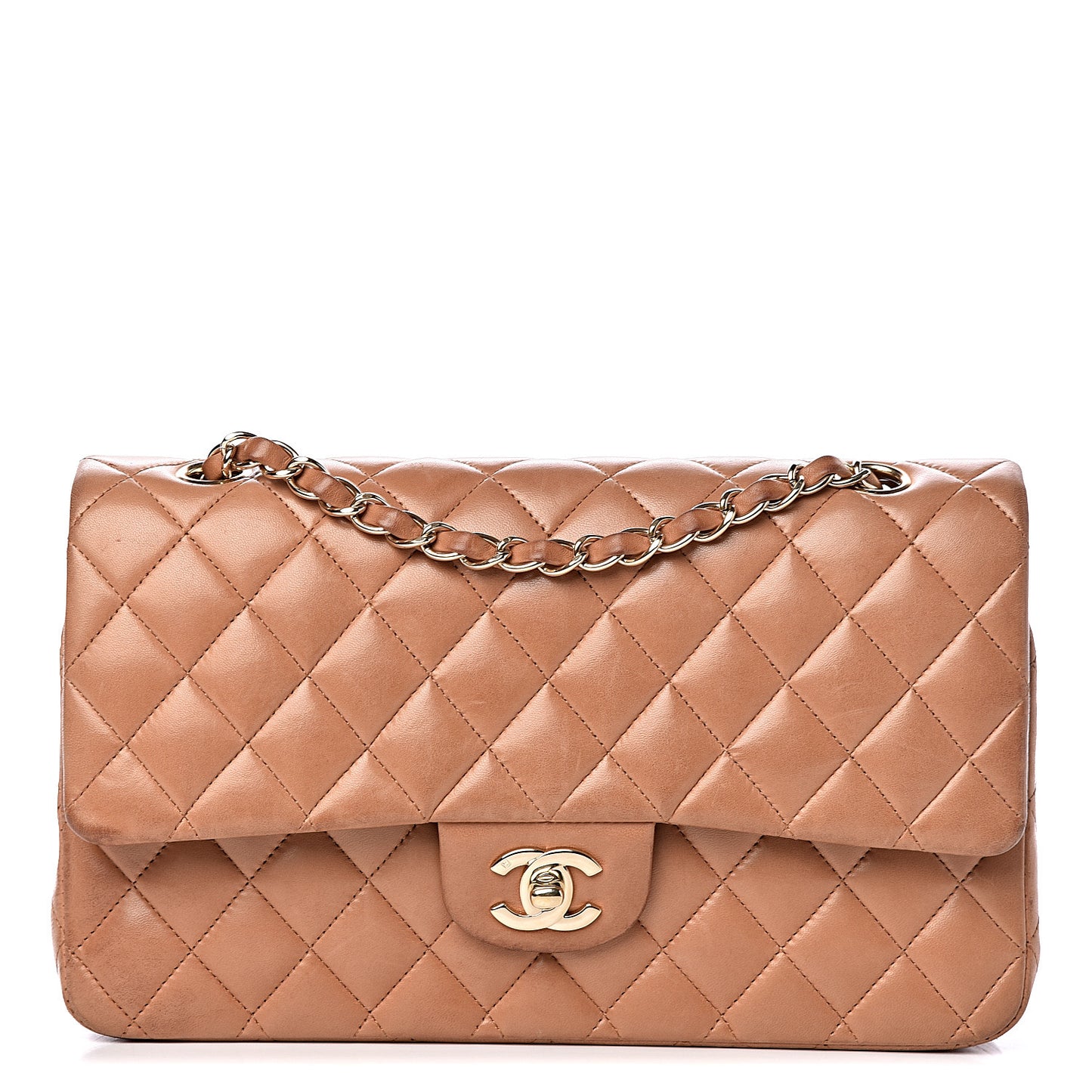 Lambskin Quilted Medium Double Flap Dark Beige