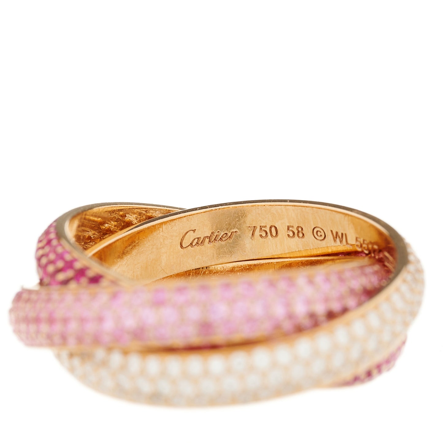 18K Pink Gold Diamond Pink Sapphire Trinity Full Paved Ring 58 8.25