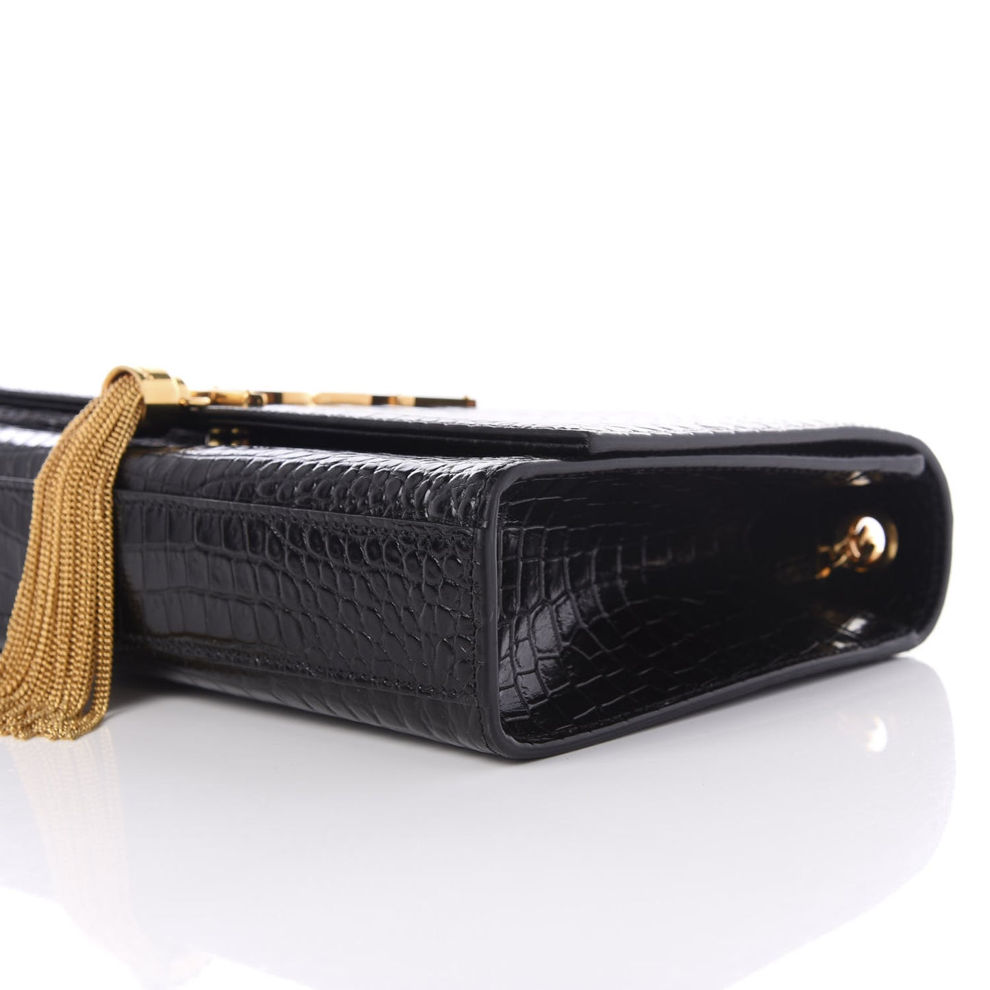 Calfskin Crocodile Embossed Medium Classic Monogram Kate Tassel Satchel Black