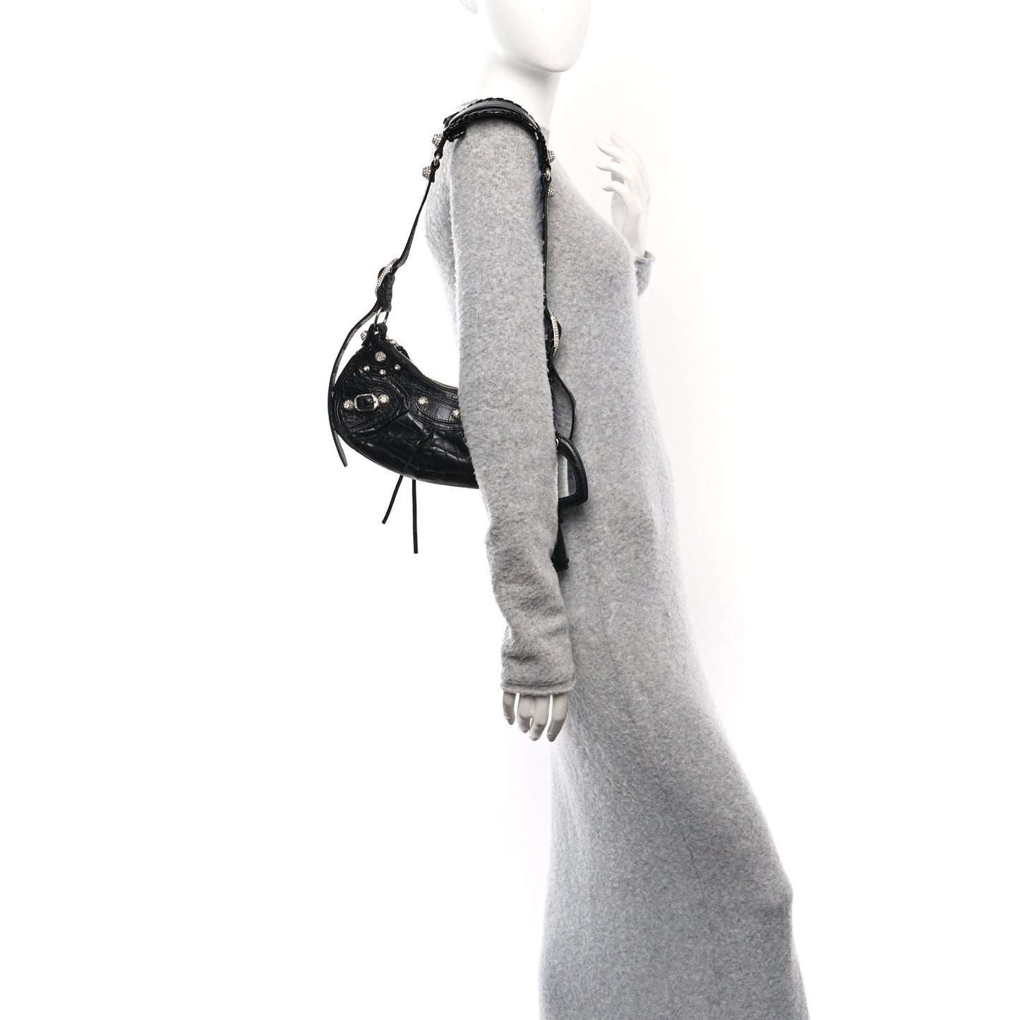 Extra Supple Calfskin Crystal Crocodile Embossed Le Cagole Shoulder Bag XS Black