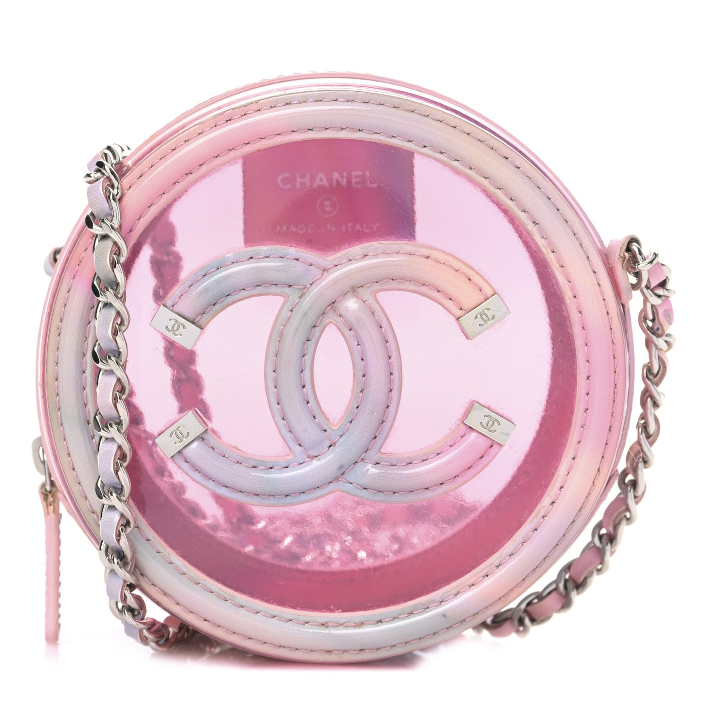 PVC Lambskin Filigree Round Clutch With Chain Pink