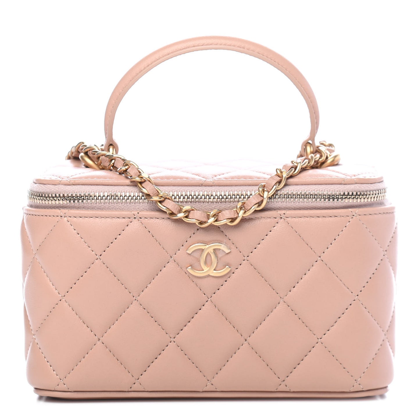 Lambskin Quilted Small Top Handle Vanity Case With Chain Beige