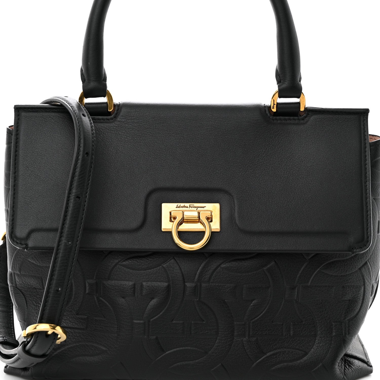 Salvatore Ferragamo Calfskin Gancini Embossed Trifolio Top Handle Bag Black 7 of 9
