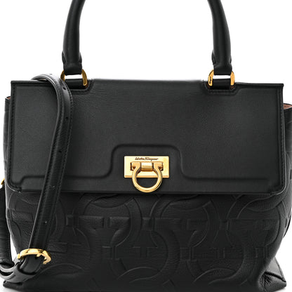 Salvatore Ferragamo Calfskin Gancini Embossed Trifolio Top Handle Bag Black 7 of 9