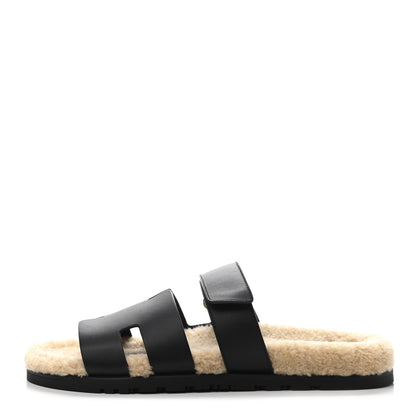 Hermes Calfskin Woolskin Mens Chypre Sandals 43 Black Ecru 1 of 4