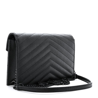 Saint Laurent Grain De Poudre Matelasse Chevron Monogram Monochrome Envelope Chain Wallet Black 3 of 10