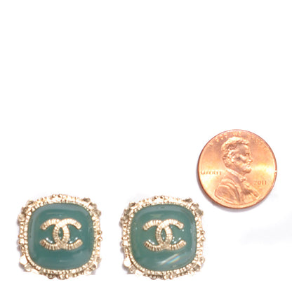 Chanel Resin CC Clip On Earrings Gold Green 2 of 5