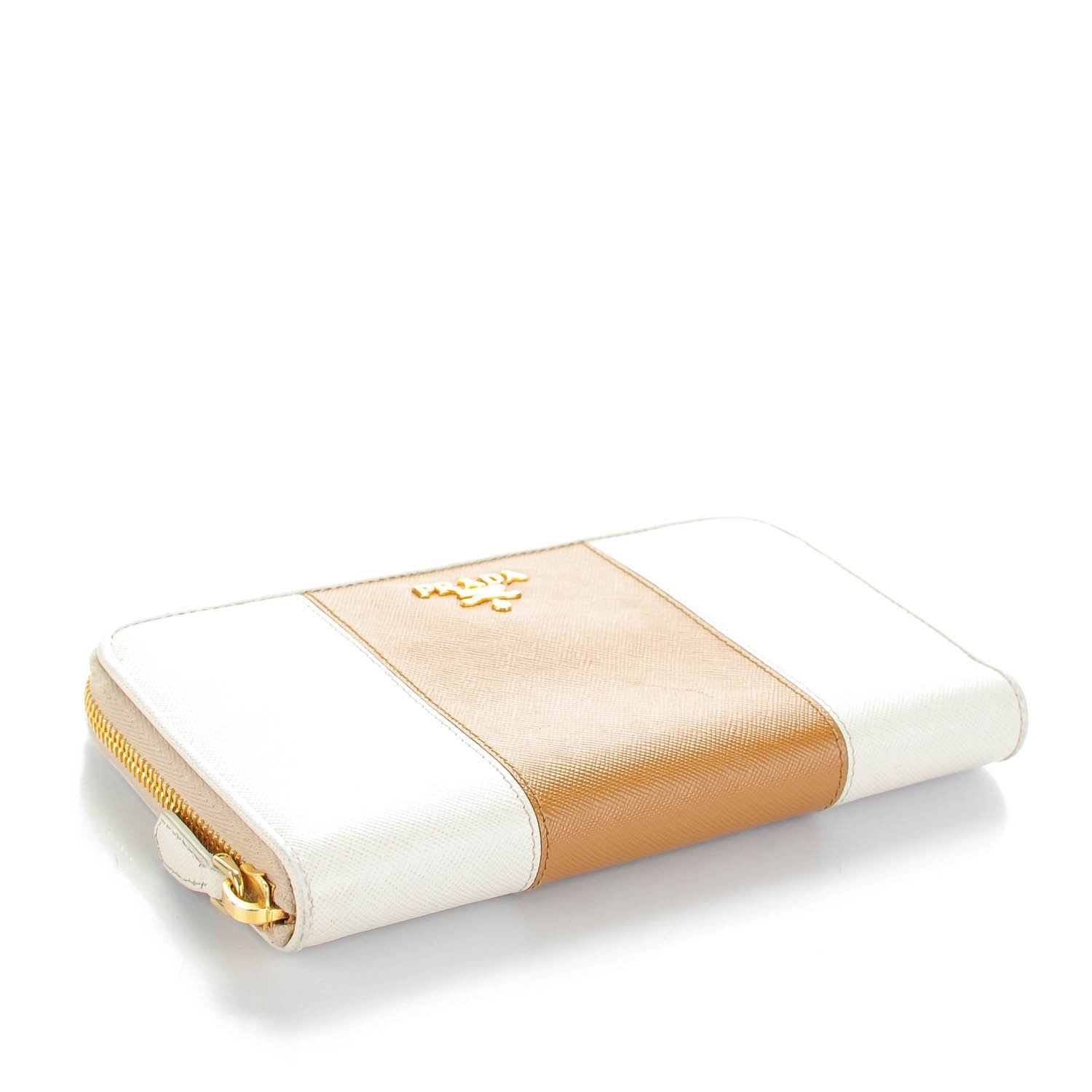 Prada Saffiano Bi-Color Metal Zip Around Wallet Talco Caramel 4 of 9