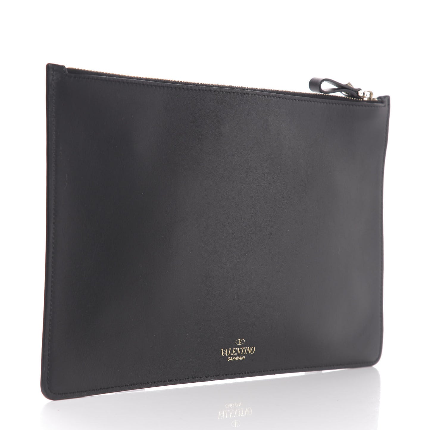 Calfskin VLTN Large Flat Zip Pouch Black